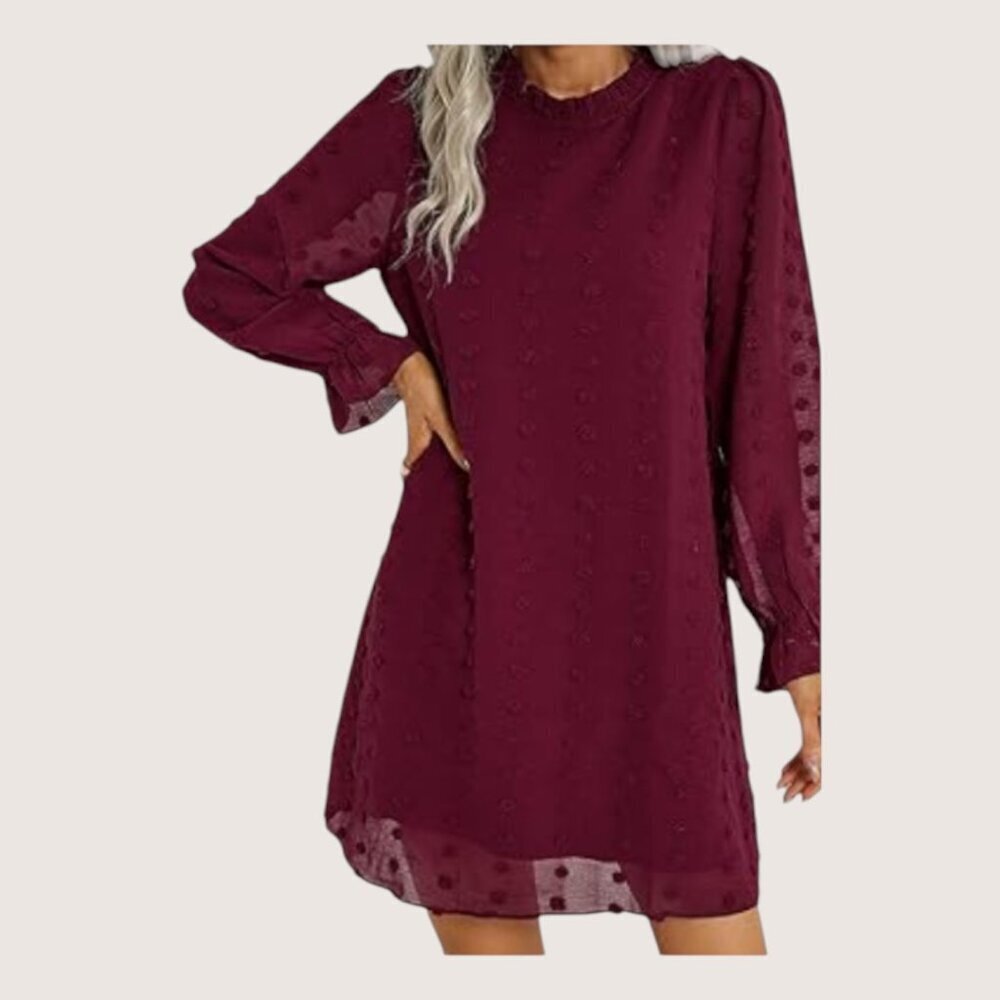 Adibosy Burgundy Ruffle Mock Neck Chiffon Lined Mini Dress Long Sleeve Plus 2XL - Picture 2 of 14